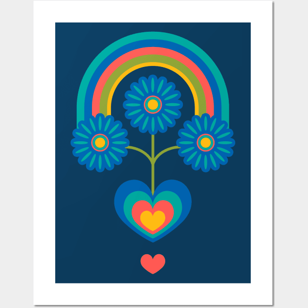 UNDER THE RAINBOW Folk Art Mid-Century Modern Scandi Floral With Flowers and Hearts on Dark Blue - UnBlink Studio by Jackie Tahara Wall Art by UnBlink Studio by Jackie Tahara